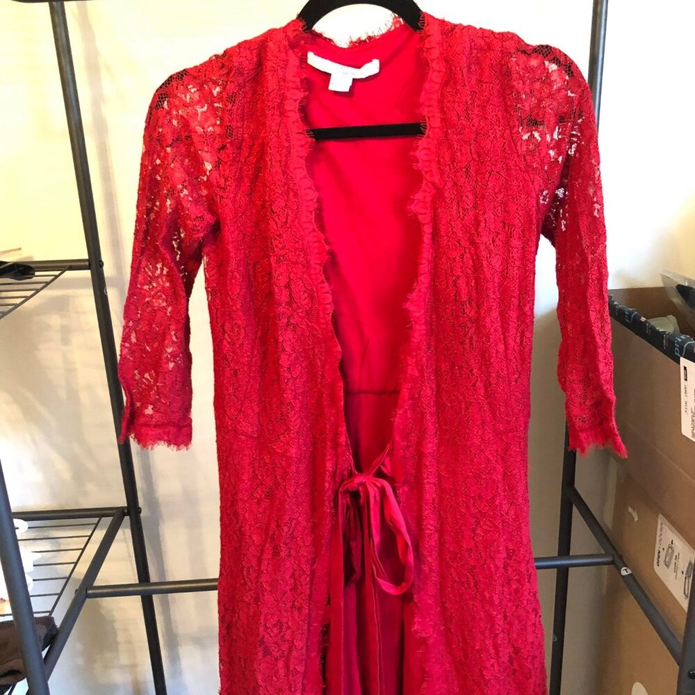 Used DVF red lace wrap dress, size 4.